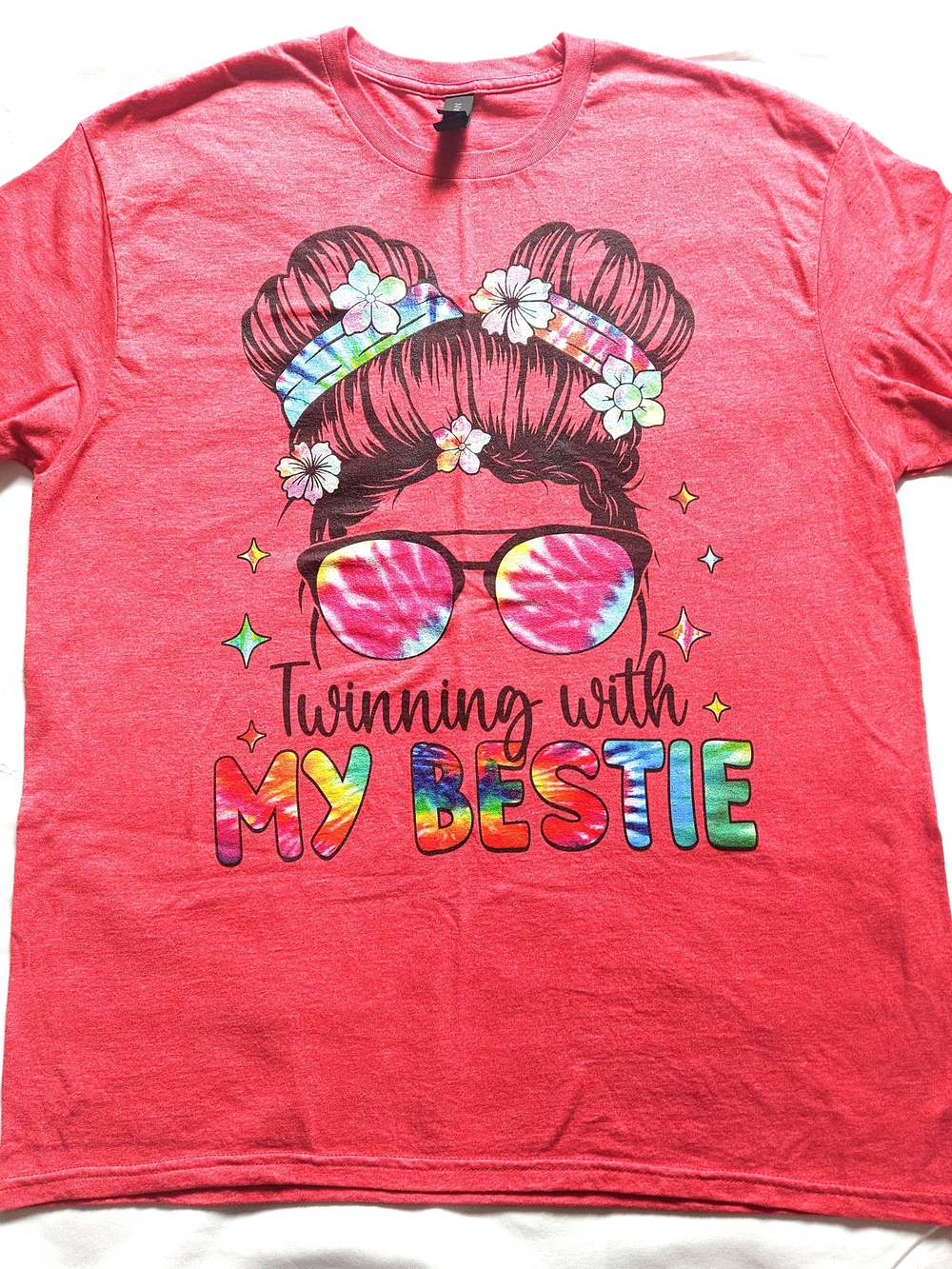 'Twinning with My Bestie' Tie-Dye Graphic Tee - Red Size XL